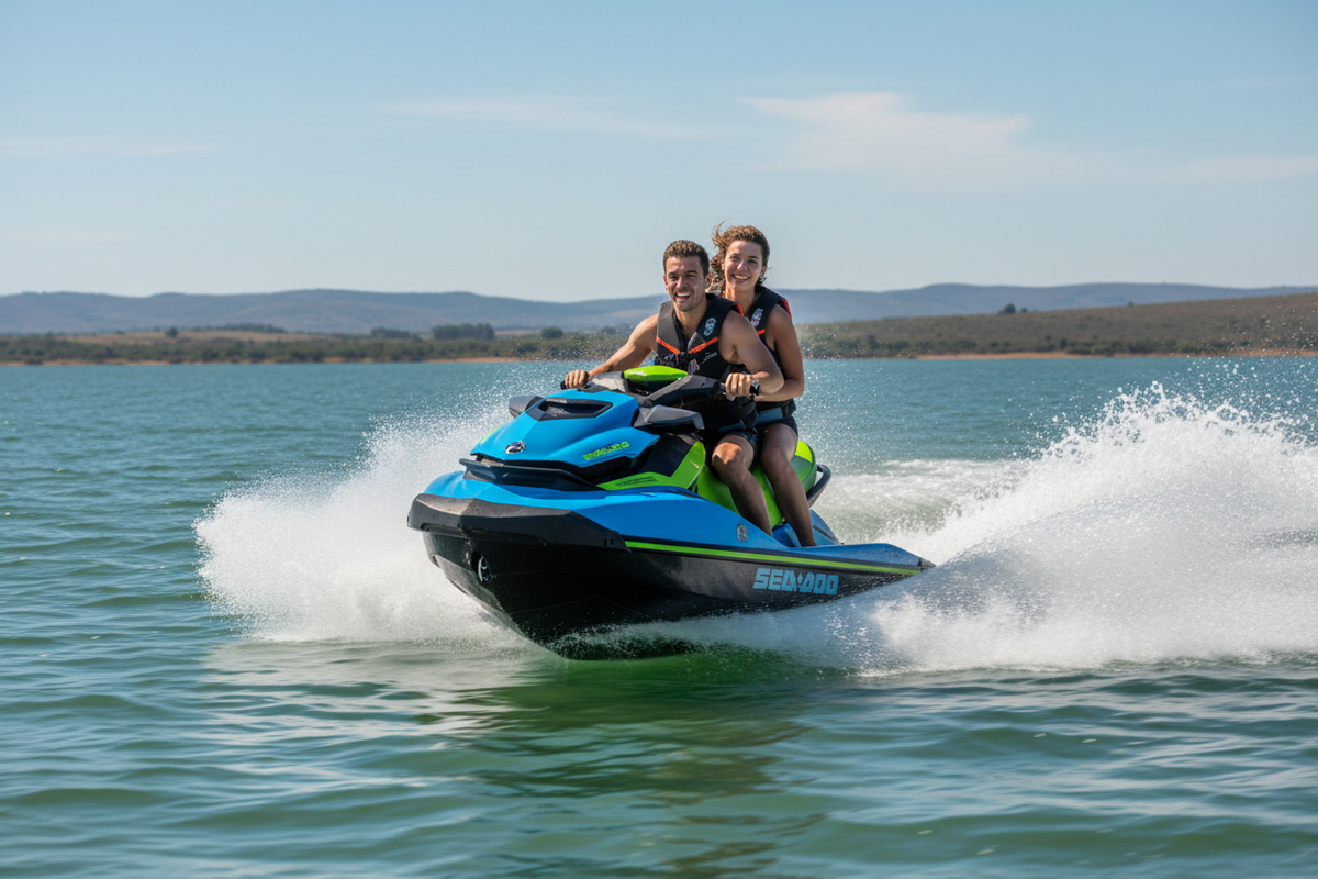 create a high definition picture of 2 people riding on the latest Seadoo jetskii on the Vaal Dam with a big smile on both their faces 